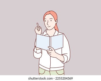 Woman girl has an idea after reading book simple korean style illustration