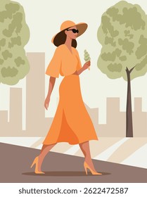 Woman girl in hat walks around city with ice cream against background of buildings and trees. Summer holidays, vacation. Retro illustration
