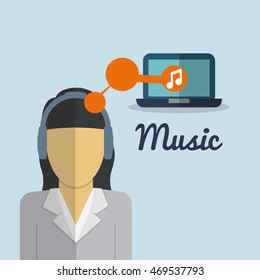 woman girl headphone music note laptop sound icon. Flat and Colorful illustration. Vector illustration