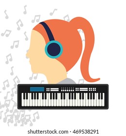 woman girl headphone piano music note sound icon. Flat and Colorful illustration. Vector illustration