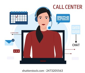 Woman or girl with headphones in computer. Call center worker, online chat, support. Customer service. Vector cartoon illustration.