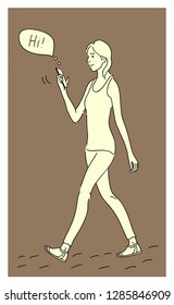 Woman (girl) holding smartphone, comes with a phone in hand, talking, taking selfie. Female cartoon character with mobile phone. Smartphone in the hand. Flat illustration on a crafting background