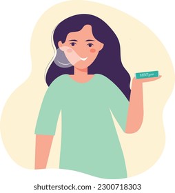 A woman, a girl, holds a mint chewing gum in her hands. The girl inflates a bubble. Vector illustration