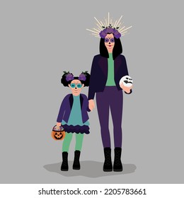 Mujer y niña con disfraces vacíos Dia de Los Muertos. Personas con atuendos espeluznantes caricaturizan a personajes que celebran el día de la festividad muerta. Feliz ilustración vectorial de halloween.