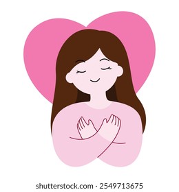 Woman or girl hug herself cartoon. Mental health and love yourself concept for medical, healthy, element and illustration