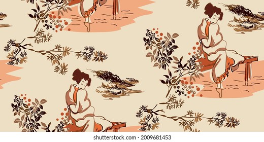 woman girl kimono vector japanese chinese nature ink illustration engraved sketch traditional textured seamless pattern colorful