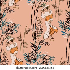 woman girl kimono vector japanese chinese nature ink illustration engraved sketch traditional textured seamless pattern colorful