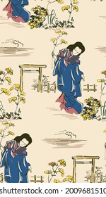 woman girl kimono vector japanese chinese nature ink illustration engraved sketch traditional textured seamless pattern colorful