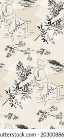 woman girl kimono vector japanese chinese nature ink illustration engraved sketch traditional textured seamless