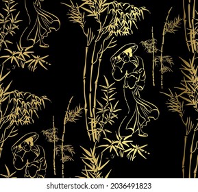 woman girl kimono vector japanese chinese nature ink illustration engraved sketch traditional textured seamless pattern black