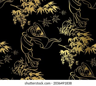 woman girl kimono vector japanese chinese nature ink illustration engraved sketch traditional textured seamless pattern black