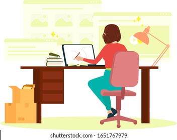 Mujer portátil portátil portátil sentado en el ordenador portátil pantalla notificación página web masaje nota de escritura nota freelancer oficina de trabajo de diseñador 