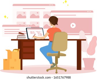 Woman girl laptop desk sit back dack table computer display notification web page massage write note freelancer designer worker office 