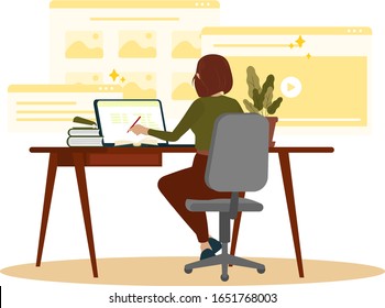 Woman girl laptop desk sit back computer display notification web page massage write notes notebook freelancer designer worker office 