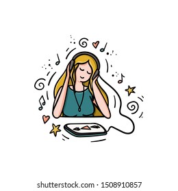 Woman or girl listen podcast, music, webinar. Doodle style hand drawn concept for podcasting. broadcasting, e-learning. Stock vector