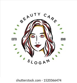 Woman or girl logo vector icon. Hipster Look with red lips and brown hair modern young life style. Cheerful but serious. Wonderful expression. Editable for product or label cosmetic, gloom skin, white