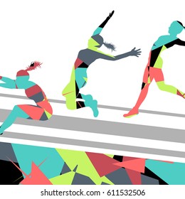 Woman girl long jump flying active sport athletic silhouettes mosaic illustration background vector