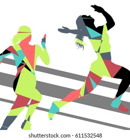 Woman girl long jump flying active sport athletic silhouettes mosaic illustration background vector