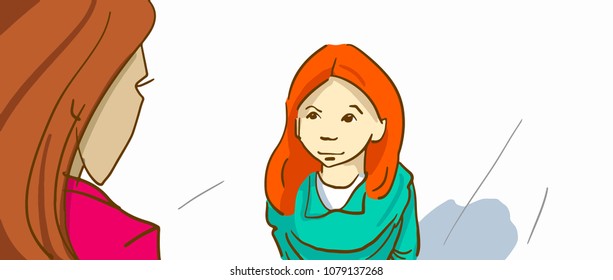 Woman and girl looking at each other. Mother and daughter. View from above. Black and white vector sketch isolated on white.