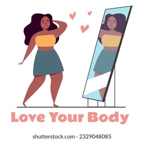 Woman girl looking mirror self love body positive concept. Vector graphic design illustration