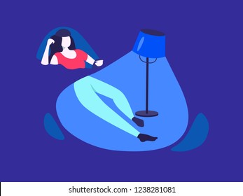 Woman or girl looking at the phone at the night. Internet addiction. Evening illustration. Flat interior. 