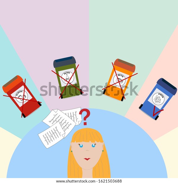 Woman girl makes a choice on the topic of
garbage separation, vector
illustration