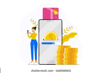 Woman or girl making payment with smartphone app. Concept of secure mobile payment, online banking, card to card money transfer service, transaction, donation, digital wallet.  Vector illustration.