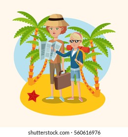 woman and girl map suitcase starfish palm sand beach