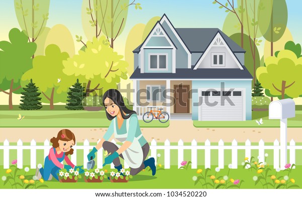 庭に花を植えながら 女と女と母と娘が一緒に庭を作る 母性育児のコンセプト ベクターイラスト のベクター画像素材 ロイヤリティフリー