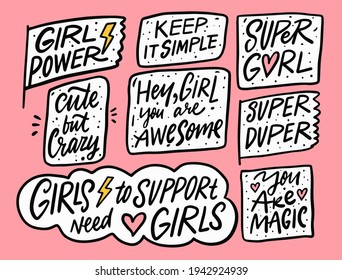 Woman and girl motivation lettering phrases set. Hand drawn colorful style. Vector illustration.