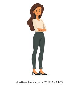 Woman, girl, in office clothes, standing and smiling full-length illustration, flat illustration, user interface illustration, isolated on a white background. A girl in jeans , a white blouse and shoe