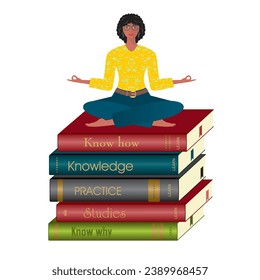 Woman, girl on heap of books. Sitting in yoga position. Isolated. Vector illustration.