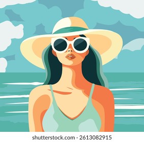 Woman girl on vacation in a white beach tunic dress, glasses and a hat, against the background of the beach and the azure coast. Summer holidays. Travel. Vector illustration for tourism projects