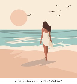 Woman girl on vacation in white beach dress walking on the beach. Back view. Summer vacation. Sea, sky, seagulls, sandy shore. Vector illustration in icon colors for vacation and travel projects