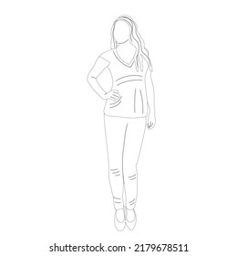 Woman, Girl, Outline Sketch On White Background Isolated