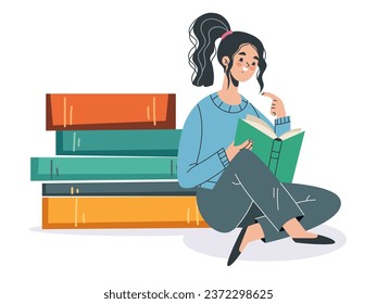 Woman girl people read book library learn knowledge education concept. Vector flat graphic design illustration
