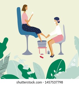 Woman or girl  performing pedicure and her client surrounded by tools and cosmetics for nail care. Big plants around them. Concept for beauty salon. Colorful vector illustration in flat cartoon style.
