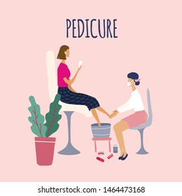 Woman or girl  performing pedicure and her client surrounded by tools and cosmetics for nail care. Concept for beauty salon. Colorful vector illustration in flat cartoon style.