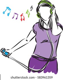 woman girl with phone listening music illustration