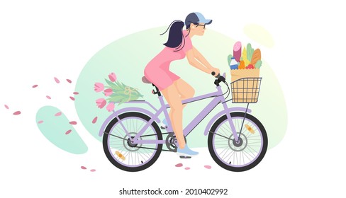 Woman, girl in pink dress on purple bicycle, cycle, bike with pink flower and pack with groceries, on white. Vector illustration for design, flyer, poster, banner, web, advertising, shopping.