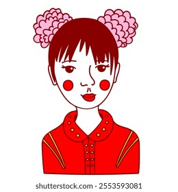 Woman or girl with pink hair bows, wearing Chinese traditional red clothes for the Lunar New Year festival. Simple illustration for web, digital design, stickers, cards, banners, logos, papers, print