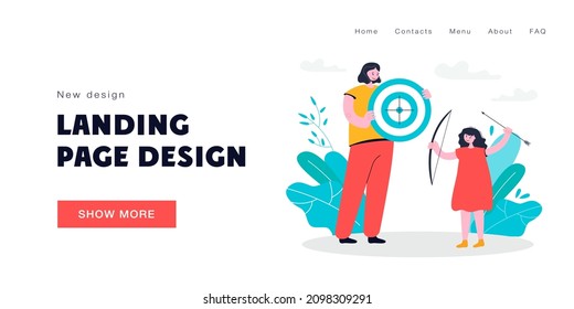 Woman and girl playing with bow vector illustration. Mother holding aim, daughter with bow and arrows, smiling. Family time concept for banner, website design, landing web page
