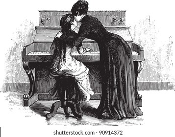 Woman and girl playing piano - Vintage illustration from "La petite soeur par Hector Malot" 1882