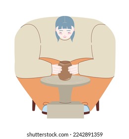 Woman, girl, with potter's wheel, making a jug, modern flat illustration, disproportionate body, hobby, pastel colors, isolated