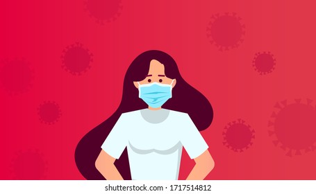 Woman or girl in protective medical mask and around her coronavirus molecule on a red background