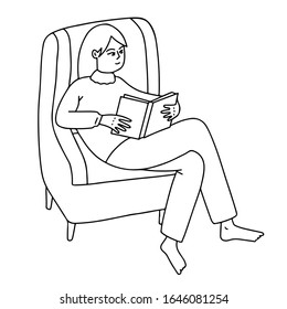 Woman or girl reading a book sitting in an armchair. Bookworm, education, personal development and studying concept. Cartoon outline style stock vector illustration isolated on white background.