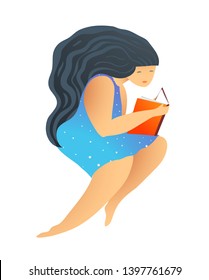 Woman or Girl Reading Book Studying Literature. Modern flat style girl reading a book studying illustration, isolated.