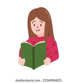 Woman or girl reading a book and wearing pink sweather for illustration