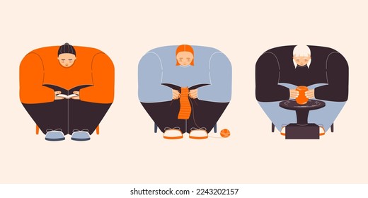 Woman, girl reading, knitting, potter's wheel, modern flat illustration, disproportionate body, hobby,  isolated