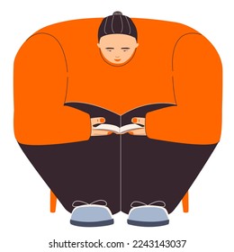 Woman, girl reading, modern flat illustration, disproportionate body, hobby, pastel colors, isolated